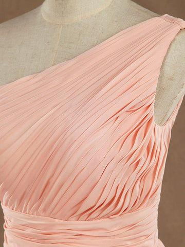 NumberSea - Knee Length A - Line One Shoulder Chiffon Bridesmaid Dress with Ruching Pleats