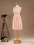 NumberSea - Knee Length A - Line One Shoulder Chiffon Bridesmaid Dress with Ruching Pleats