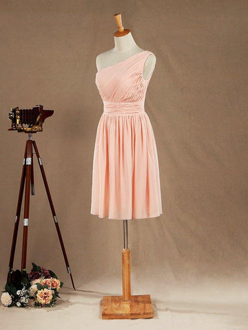 NumberSea - Knee Length A - Line One Shoulder Chiffon Bridesmaid Dress with Ruching Pleats