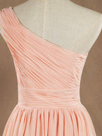 NumberSea - Knee Length A - Line One Shoulder Chiffon Bridesmaid Dress with Ruching Pleats