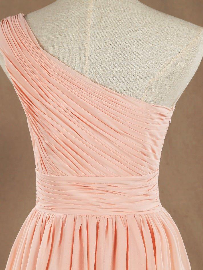 NumberSea - Knee Length A - Line One Shoulder Chiffon Bridesmaid Dress with Ruching Pleats