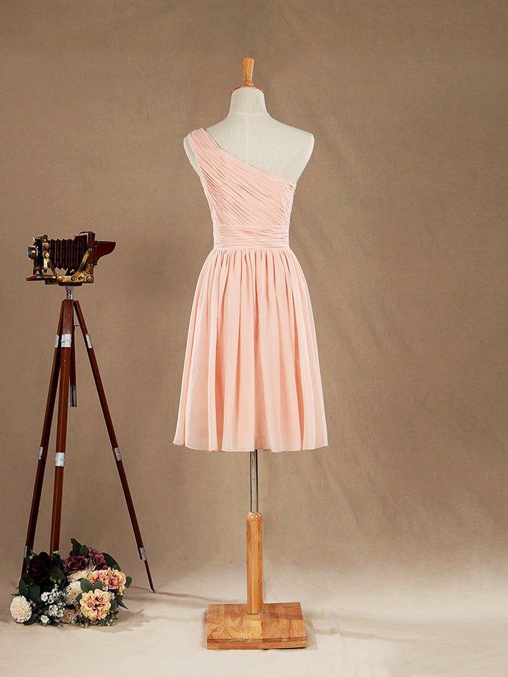 NumberSea - Knee Length A - Line One Shoulder Chiffon Bridesmaid Dress with Ruching Pleats