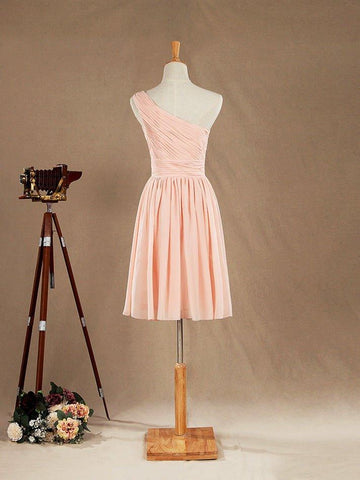 NumberSea - Knee Length A - Line One Shoulder Chiffon Bridesmaid Dress with Ruching Pleats