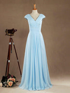 NumberSea - A - Line V - neck Floor Length Chiffon Bridesmaid Dress with Cap Sleeves