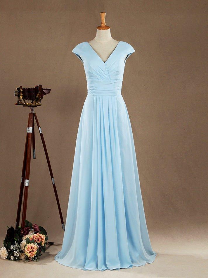 NumberSea - A - Line V - neck Floor Length Chiffon Bridesmaid Dress with Cap Sleeves