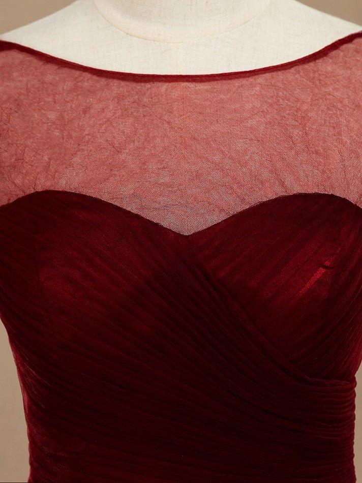 NumberSea - A - Line Knee Length Tulle Short Sleeves Bridesmaid Dress with See Through Bateau Neckline