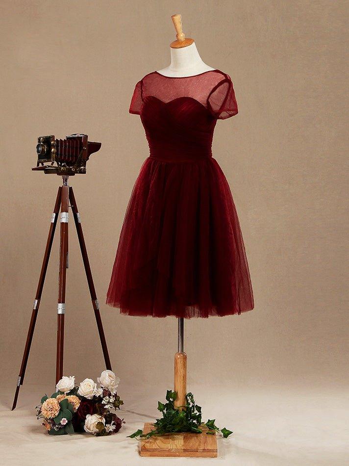 NumberSea - A - Line Knee Length Tulle Short Sleeves Bridesmaid Dress with See Through Bateau Neckline