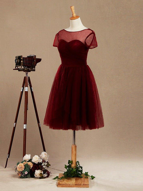 NumberSea - A - Line Knee Length Tulle Short Sleeves Bridesmaid Dress with See Through Bateau Neckline