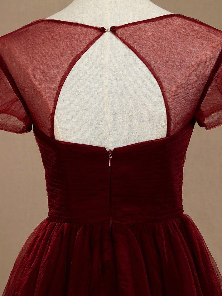 NumberSea - A - Line Knee Length Tulle Short Sleeves Bridesmaid Dress with See Through Bateau Neckline