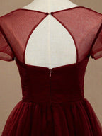 NumberSea - A - Line Knee Length Tulle Short Sleeves Bridesmaid Dress with See Through Bateau Neckline