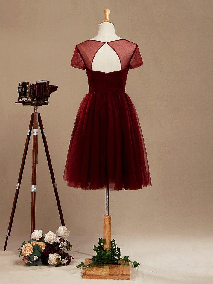 NumberSea - A - Line Knee Length Tulle Short Sleeves Bridesmaid Dress with See Through Bateau Neckline