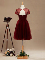 NumberSea - A - Line Knee Length Tulle Short Sleeves Bridesmaid Dress with See Through Bateau Neckline