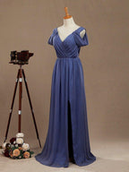 NumberSea - A - Line V - Neck Floor Length Chiffon Prom Formal Evening Dress with Flutter Sleeves