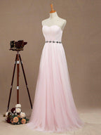 NumberSea - A - Line Tulle Floor Length Bridesmaid Dress Strapless with Belt