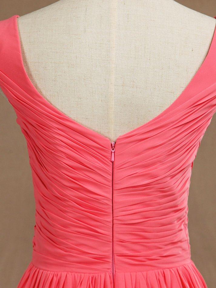 NumberSea - A - Line V - neck Floor Length Chiffon Bridesmaid Dress with Criss Cross Pleats