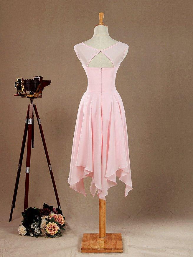 NumberSea - A - Line Jewel Neck Knee Length Chiffon Bridesmaid Dress with Irregular Hem Criss Cross Ruching