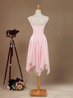 NumberSea - A - Line Jewel Neck Knee Length Chiffon Bridesmaid Dress with Irregular Hem Criss Cross Ruching