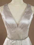 NumberSea - A - Line V - neck Floor Length Tulle Bridesmaid Dress with Belt