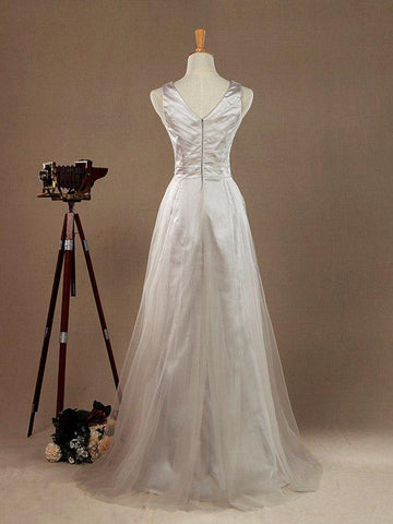 NumberSea - A - Line V - neck Floor Length Tulle Bridesmaid Dress with Belt