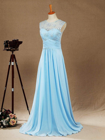 A-Linie U-Ausschnitt Bodenlanges Chiffon-Spitzen-Brautjungfernkleid mit durchsichtigem Rücken 