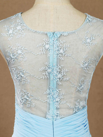 A-Linie U-Ausschnitt Bodenlanges Chiffon-Spitzen-Brautjungfernkleid mit durchsichtigem Rücken 