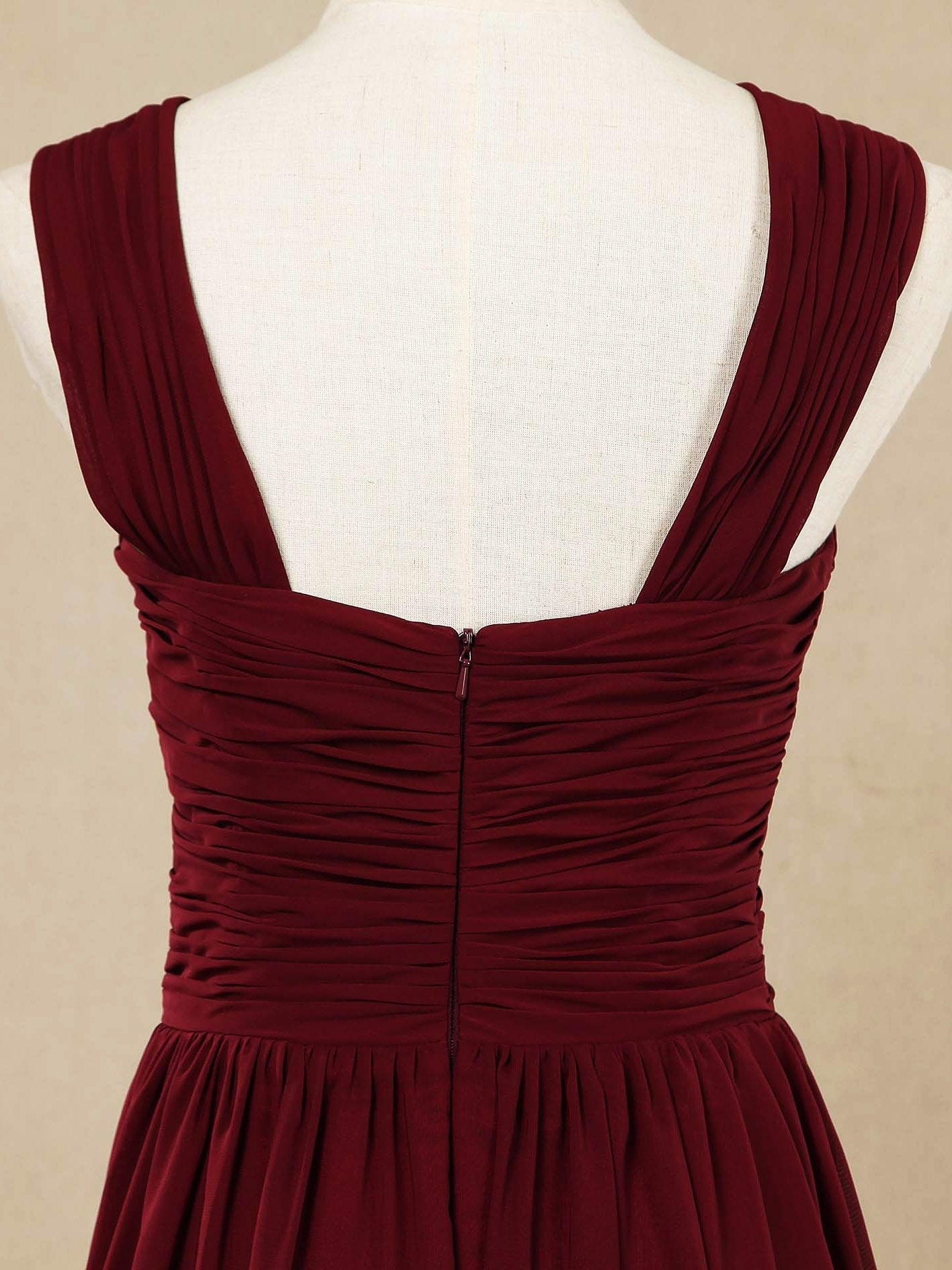 Vestido de dama de honor de gasa con escote en V, largo hasta el suelo y tirantes dobles