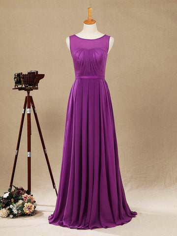 Long Chiffon Bridesmaid Dress with Bateau Neck  A-line Sleeveless
