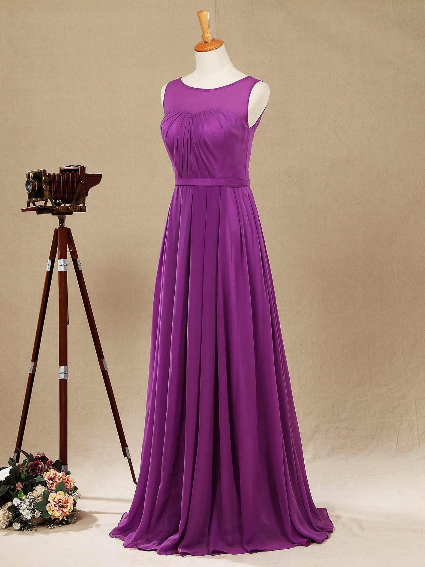 Long Chiffon Bridesmaid Dress with Bateau Neck  A-line Sleeveless