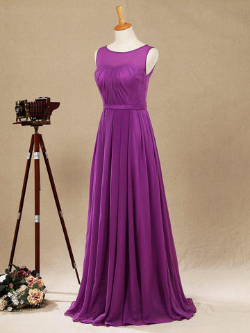 Long Chiffon Bridesmaid Dress with Bateau Neck  A-line Sleeveless