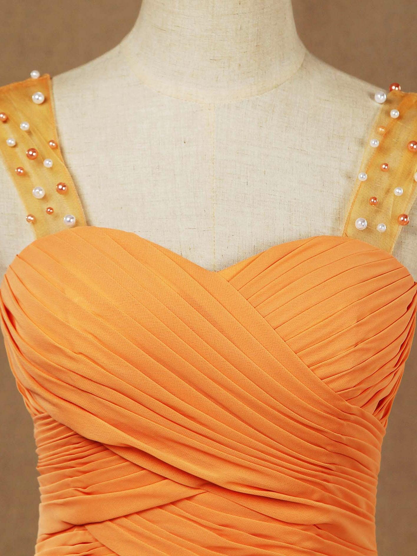 Chiffon Bridesmaid Dress A-line Floor Length with Beads Straps Criss Cross Ruching