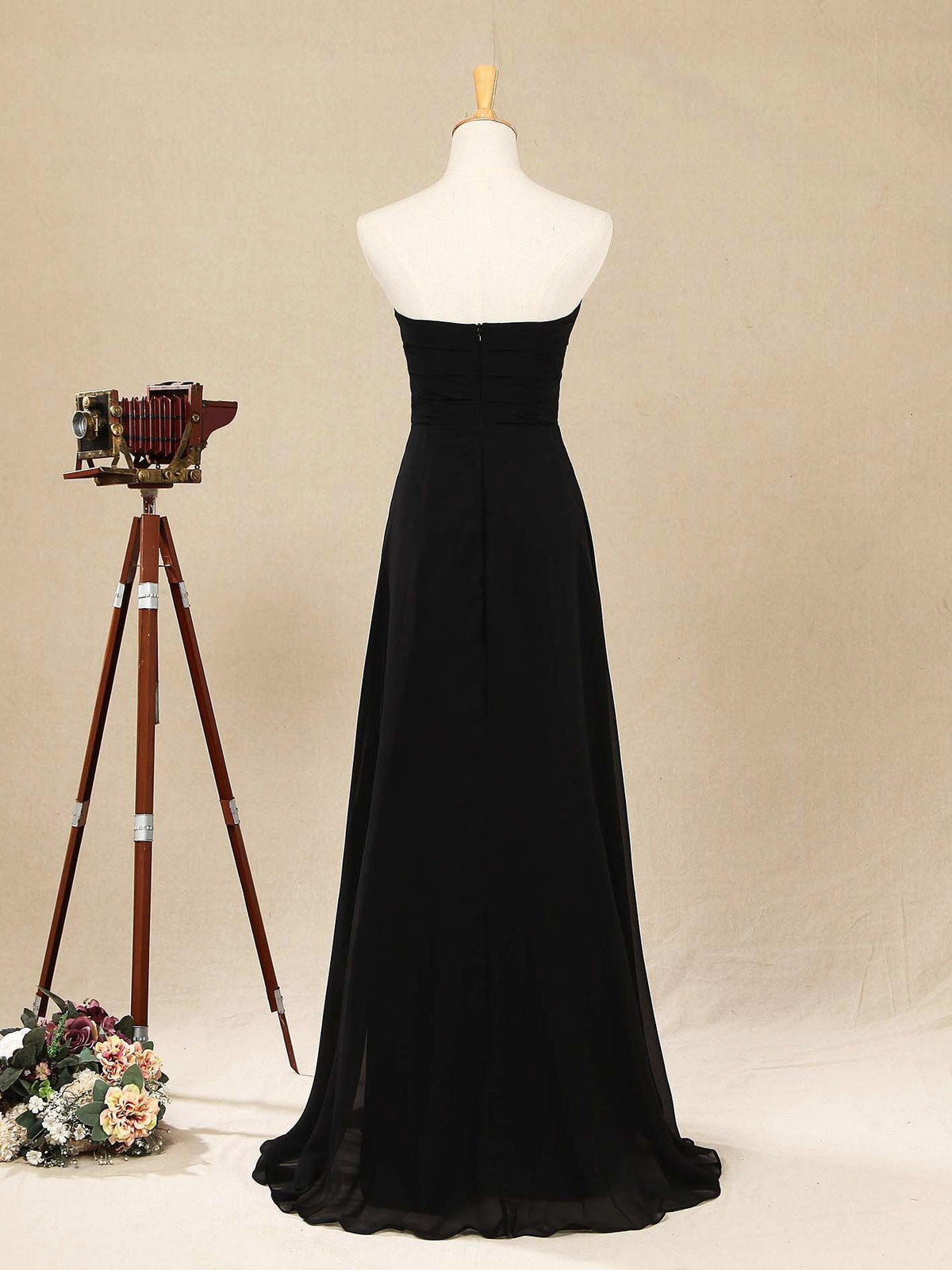 Vestido de dama de honor de gasa largo hasta el suelo, escote corazón, sin tirantes y fruncido entrecruzado