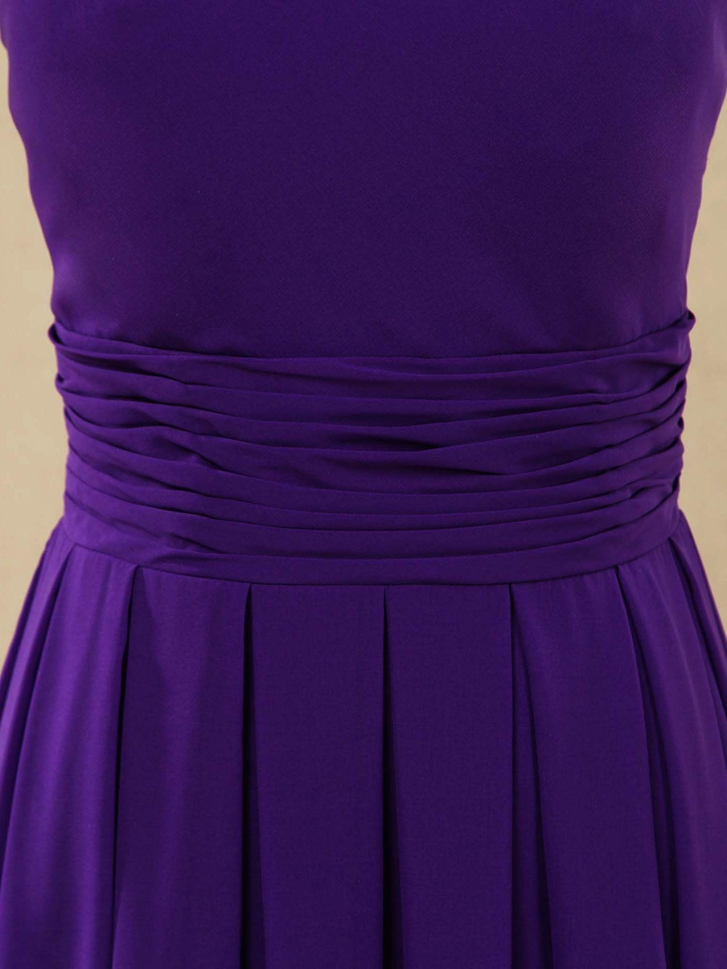 Vestido de dama de honor de gasa hasta la rodilla con escote joya, corte A, sin mangas