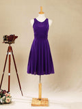 Vestido de dama de honor de gasa hasta la rodilla con escote joya, corte A, sin mangas