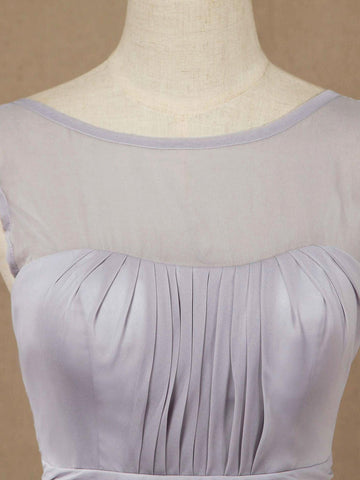 A-Linie Bodenlanges Chiffon Brautjungfernkleid Silber U-Boot-Ausschnitt mit Schnürung Schlichtes Hochwertiges Ballkleid 