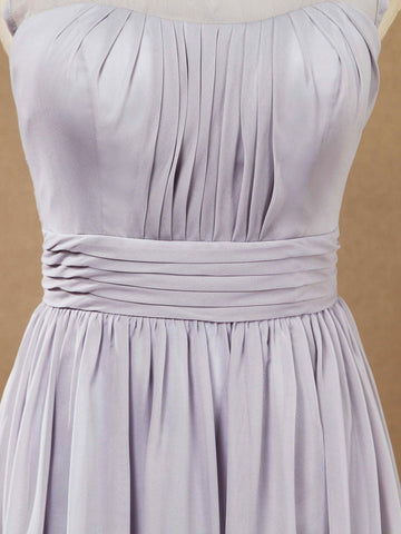 A-Linie Bodenlanges Chiffon Brautjungfernkleid Silber U-Boot-Ausschnitt mit Schnürung Schlichtes Hochwertiges Ballkleid 