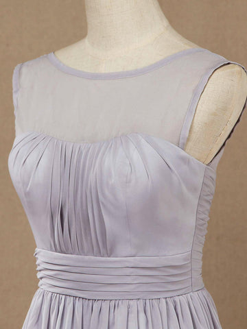 A-Linie Bodenlanges Chiffon Brautjungfernkleid Silber U-Boot-Ausschnitt mit Schnürung Schlichtes Hochwertiges Ballkleid 