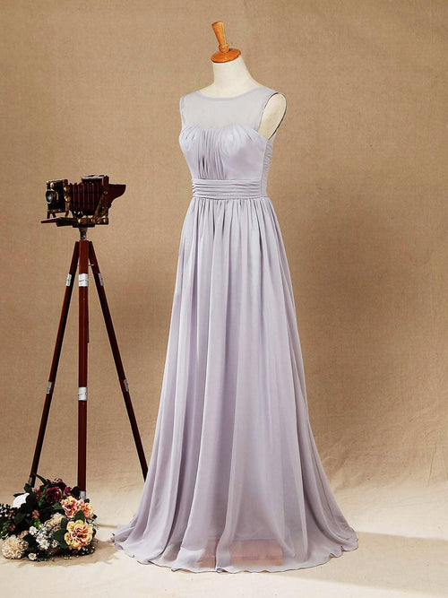 Vestido de dama de honor de gasa hasta el suelo con corte en A, escote barco plateado con cordones, vestido de fiesta sencillo de alta calidad