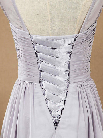 A-Linie Bodenlanges Chiffon Brautjungfernkleid Silber U-Boot-Ausschnitt mit Schnürung Schlichtes Hochwertiges Ballkleid 