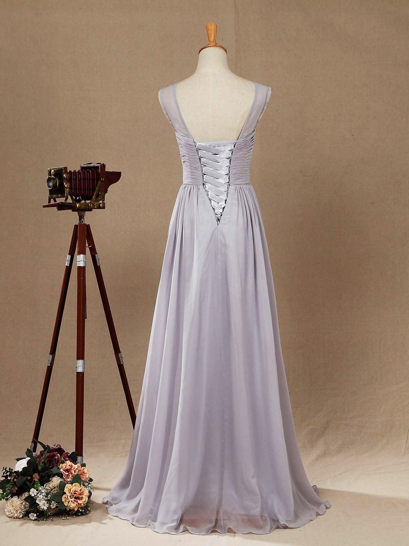A-Line Floor Length Chiffon Bridesmaid Dress Silver Bateau Neck with Lace Up Simple High Quality Prom Dress