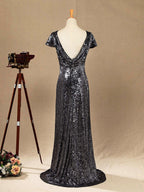 NumberSea - Numbersea Sequin Bridesmaid Dress Cowl Back Cap Sleeves Scoop Neck Luxury Black Floor length Evening dress