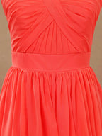 Vestido de dama de honor convertible de gasa coral, corte A, un hombro, cuello halter, sin tirantes, escote en forma de corazón