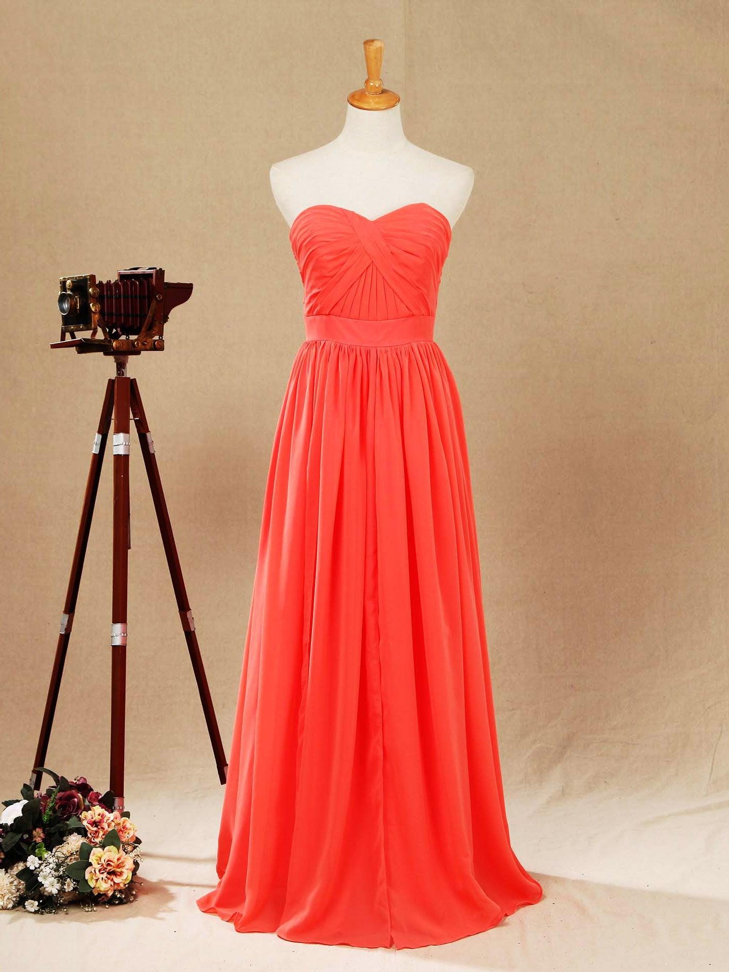 Vestido de dama de honor convertible de gasa coral, corte A, un hombro, cuello halter, sin tirantes, escote en forma de corazón
