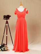 Vestido de dama de honor convertible de gasa coral, corte A, un hombro, cuello halter, sin tirantes, escote en forma de corazón