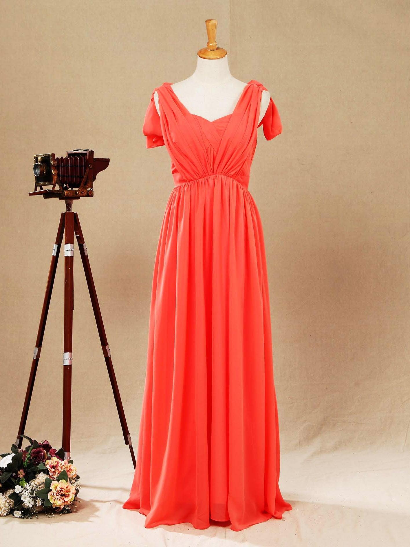 Vestido de dama de honor convertible de gasa coral, corte A, un hombro, cuello halter, sin tirantes, escote en forma de corazón