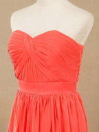 Vestido de dama de honor convertible de gasa coral, corte A, un hombro, cuello halter, sin tirantes, escote en forma de corazón