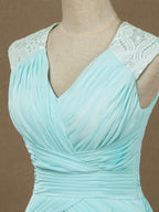 A-Line V-neck Floor Length Chiffon Formal Evening Dress with Lace Shoulder Straps