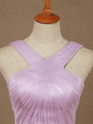 Vestido de dama de honor de tul con escote en V, largo hasta el suelo y corte en forma de columna con frunces entrecruzados de Numbersea 