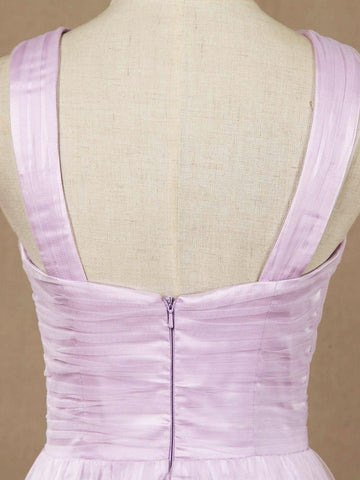 Vestido de dama de honor de tul con escote en V, largo hasta el suelo y corte en forma de columna con frunces entrecruzados de Numbersea 