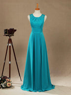 Long Chiffon Bridesmaid Dress with Jewel Neck A-line Sleeveless Double Lace Straps