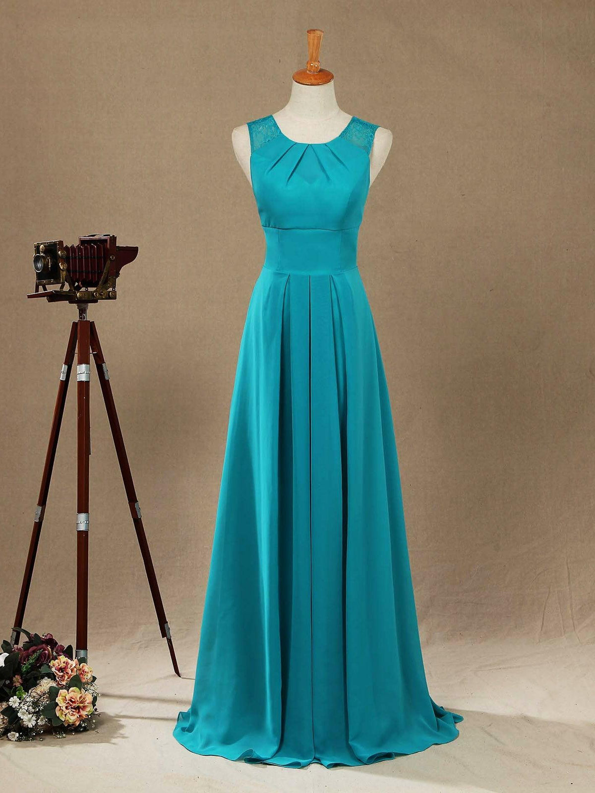Long Chiffon Bridesmaid Dress with Jewel Neck A-line Sleeveless Double Lace Straps